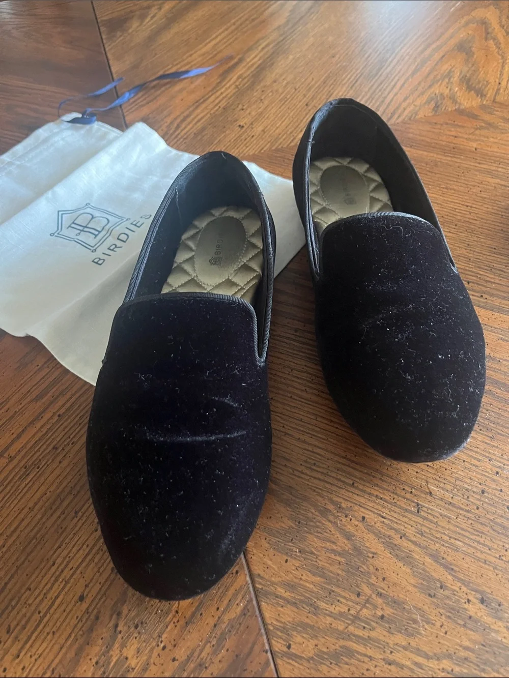 Birdies Black Velvet Quilted Insole Slip-On Loafers